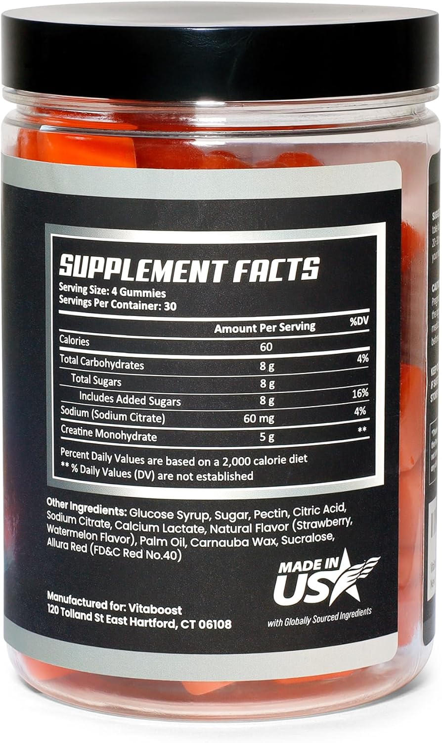 5g Creatine Monohydrate Gummies - Strawberry Watermelon Flavor - Vegan & Halal - USA Made - 30 Servings