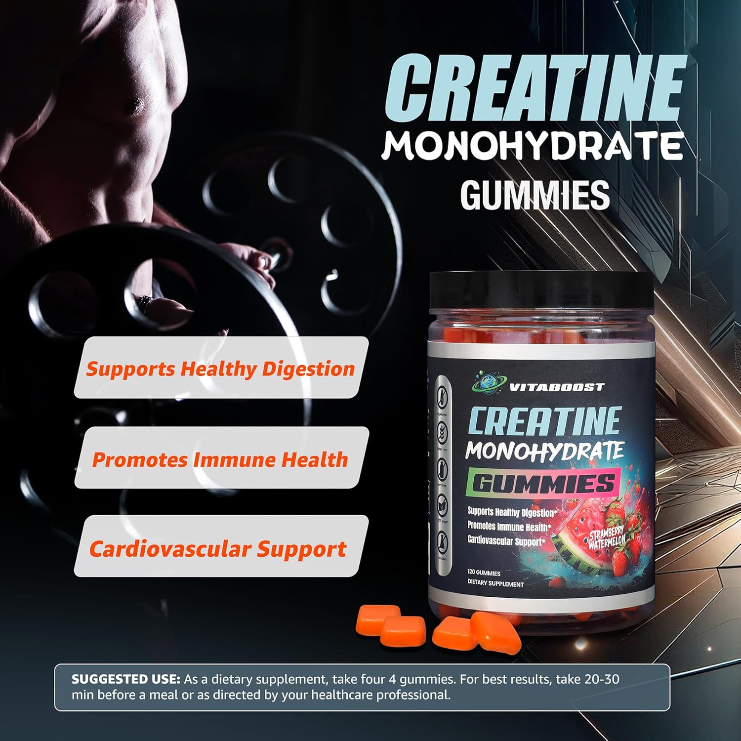 5g Creatine Monohydrate Gummies - Strawberry Watermelon Flavor - Vegan & Halal - USA Made - 30 Servings