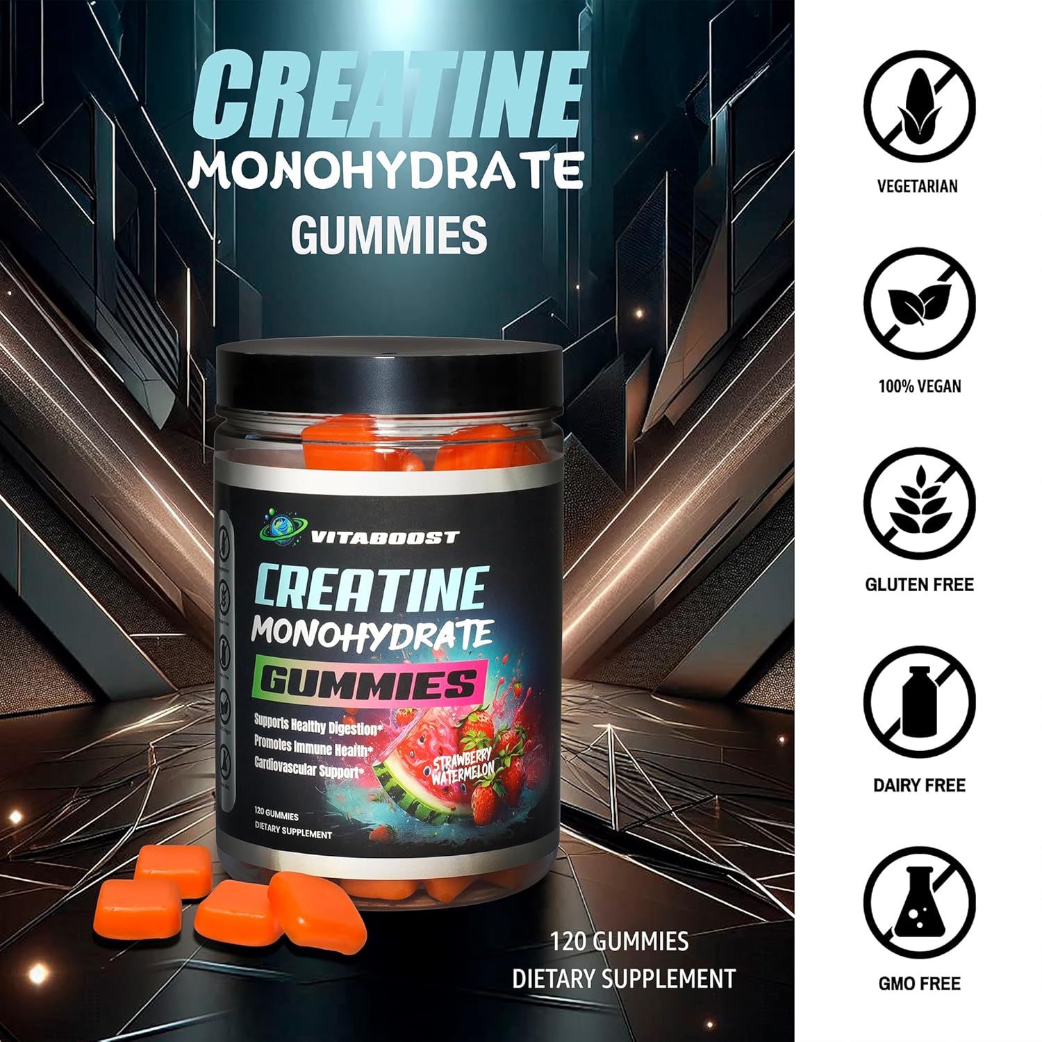 5g Creatine Monohydrate Gummies - Strawberry Watermelon Flavor - Vegan & Halal - USA Made - 30 Servings