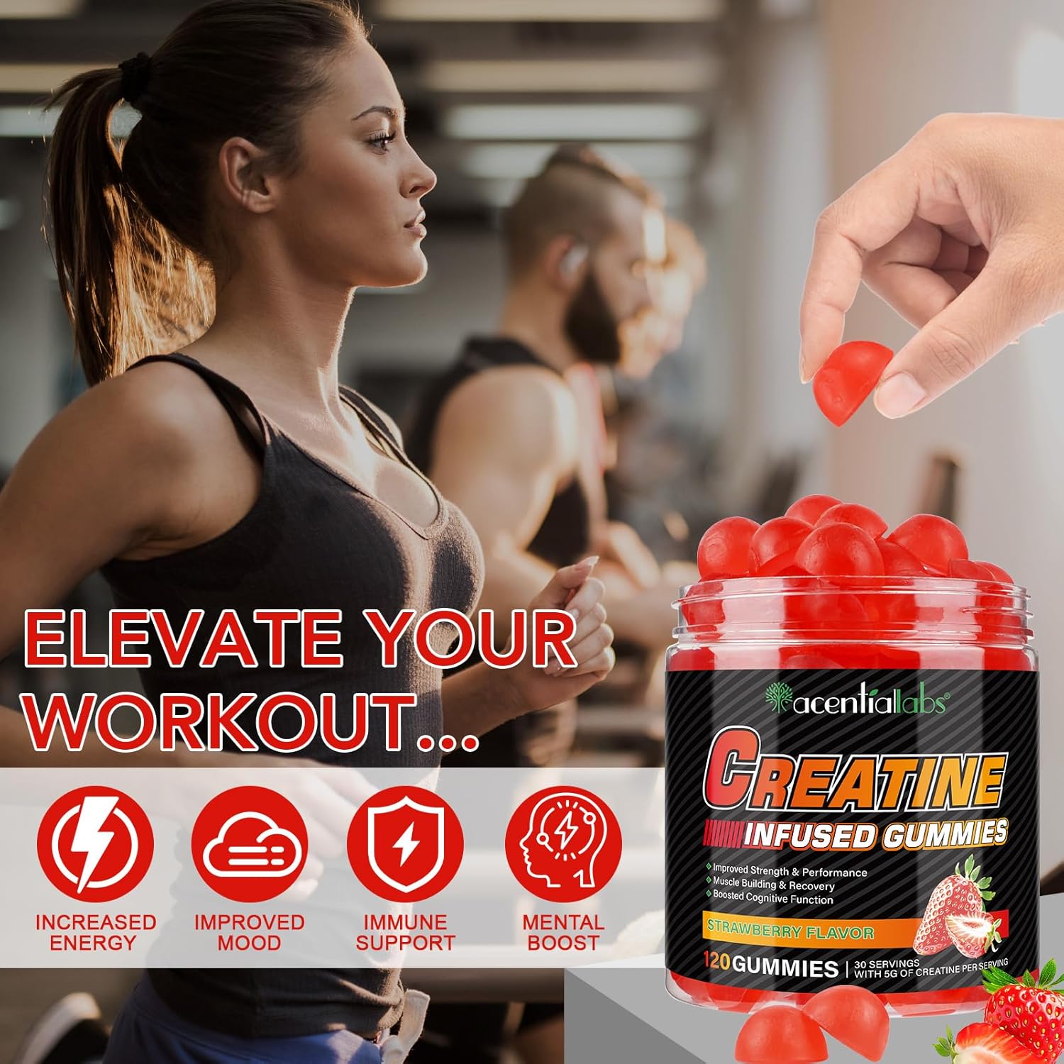 5g Creatine Monohydrate Gummies for Muscle Support and Energy Boost - Gluten-Free Strawberry Flavor - GMP Certified for Men and Women