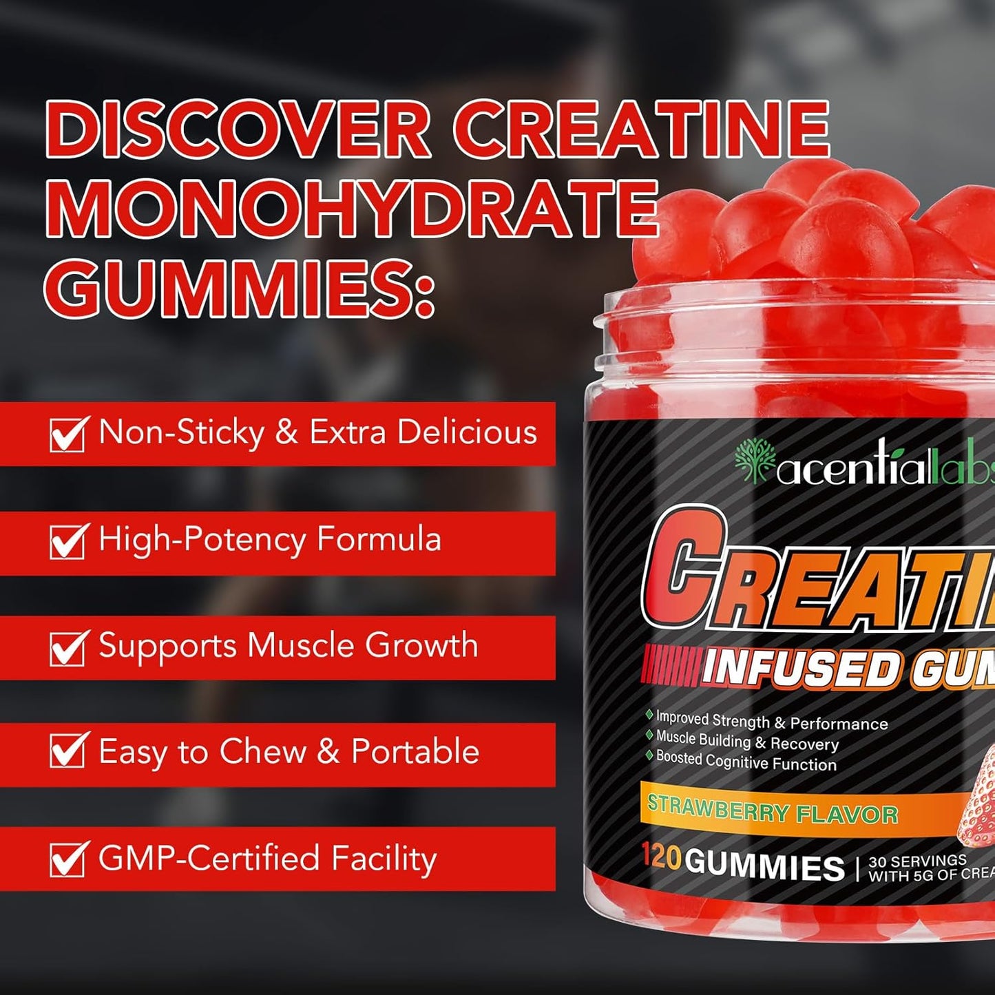 5g Creatine Monohydrate Gummies for Muscle Support and Energy Boost - Gluten-Free Strawberry Flavor - GMP Certified for Men and Women