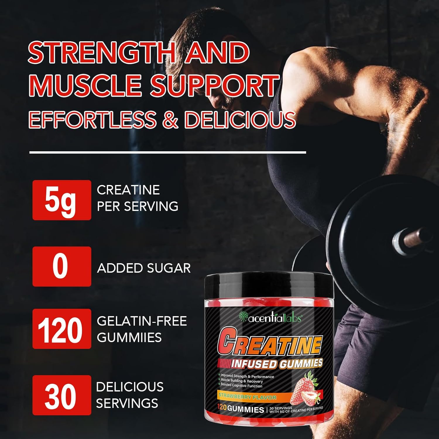 5g Creatine Monohydrate Gummies for Muscle Support and Energy Boost - Gluten-Free Strawberry Flavor - GMP Certified for Men and Women