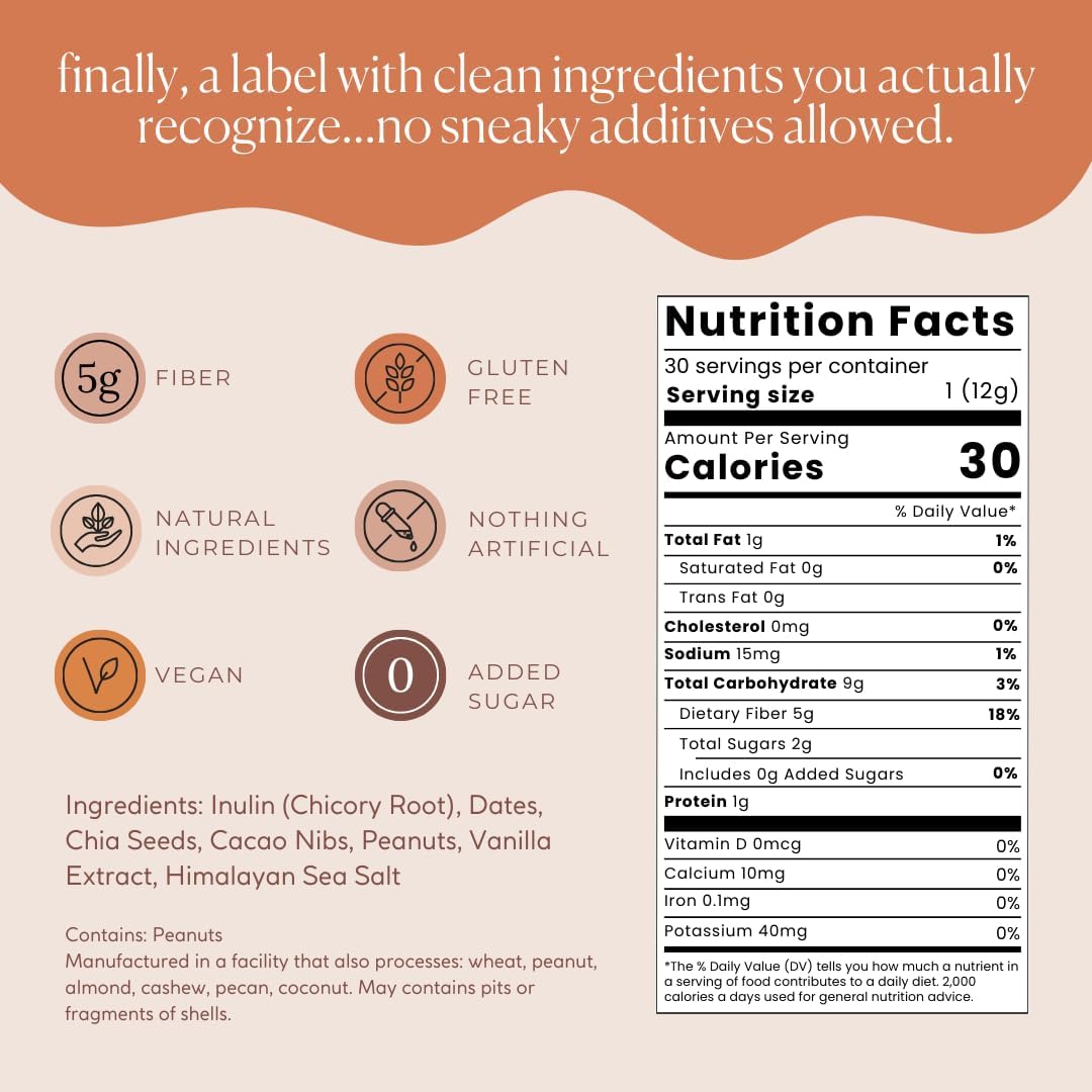 5g Daily Fiber Bite Supplement for Regularity, Digestion, and Gut Health - All Natural Peanut Butter Cacao Flavor - 30 Servings