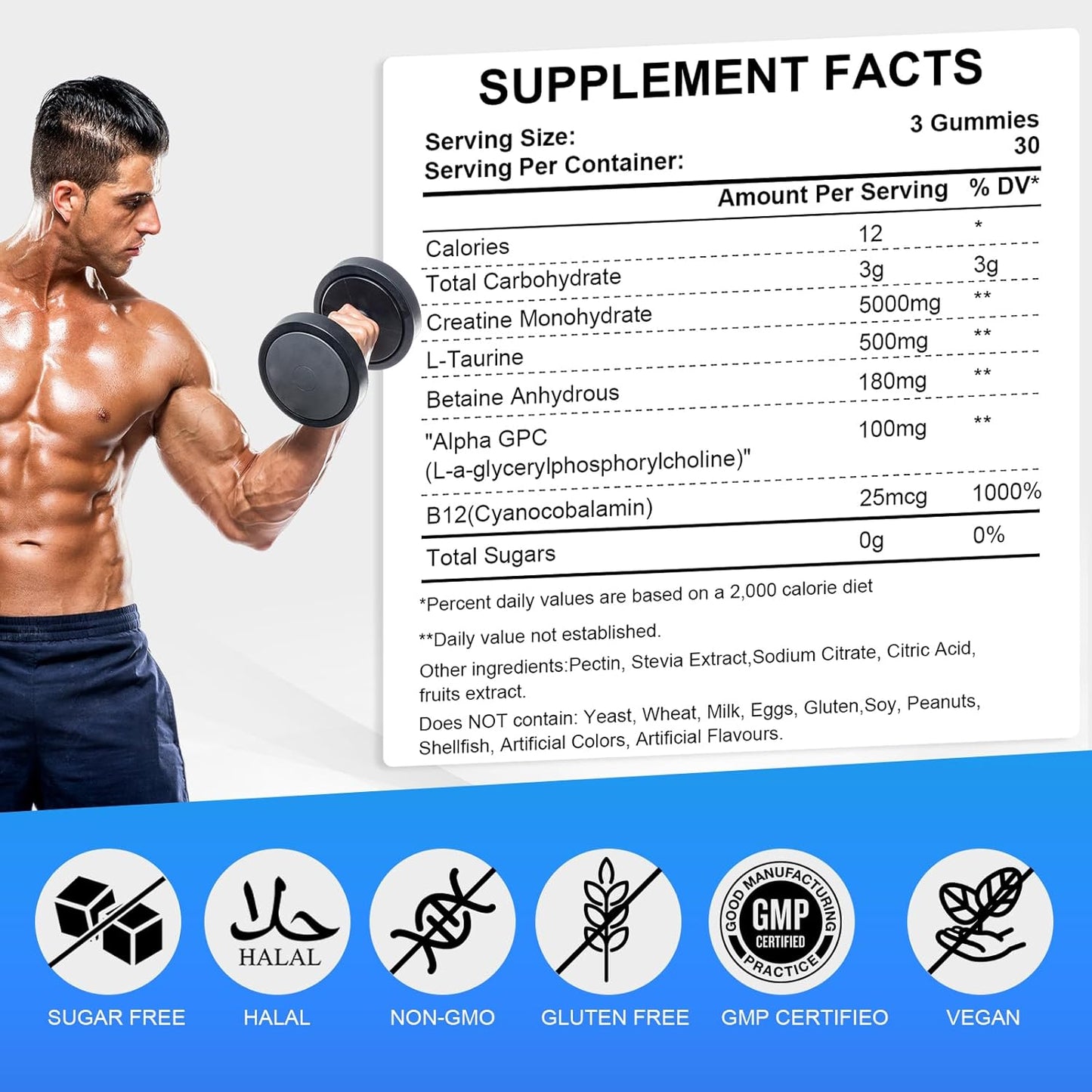 5g Heykomi Creatine Monohydrate Gummies - Strength & Muscle Builder, Blueberry Flavor, Vegan, Sugar Free - 120 Capsules for Men & Women
