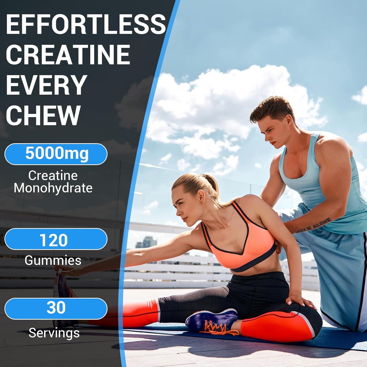 5g Heykomi Creatine Monohydrate Gummies - Strength & Muscle Builder, Blueberry Flavor, Vegan, Sugar Free - 120 Capsules for Men & Women