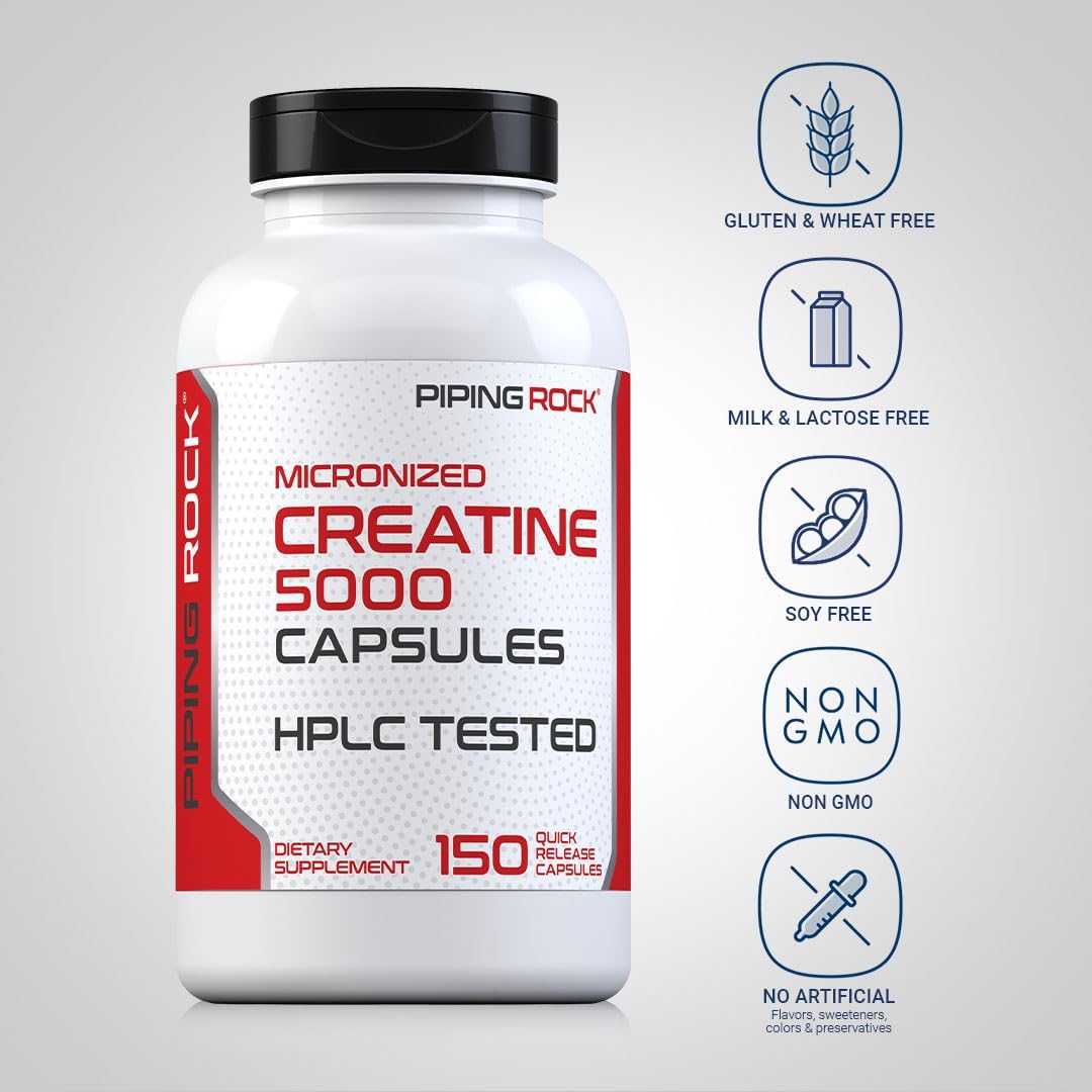 5g Micronized Creatine Monohydrate Capsules | Non-GMO, Gluten Free Supplement by Piping Rock