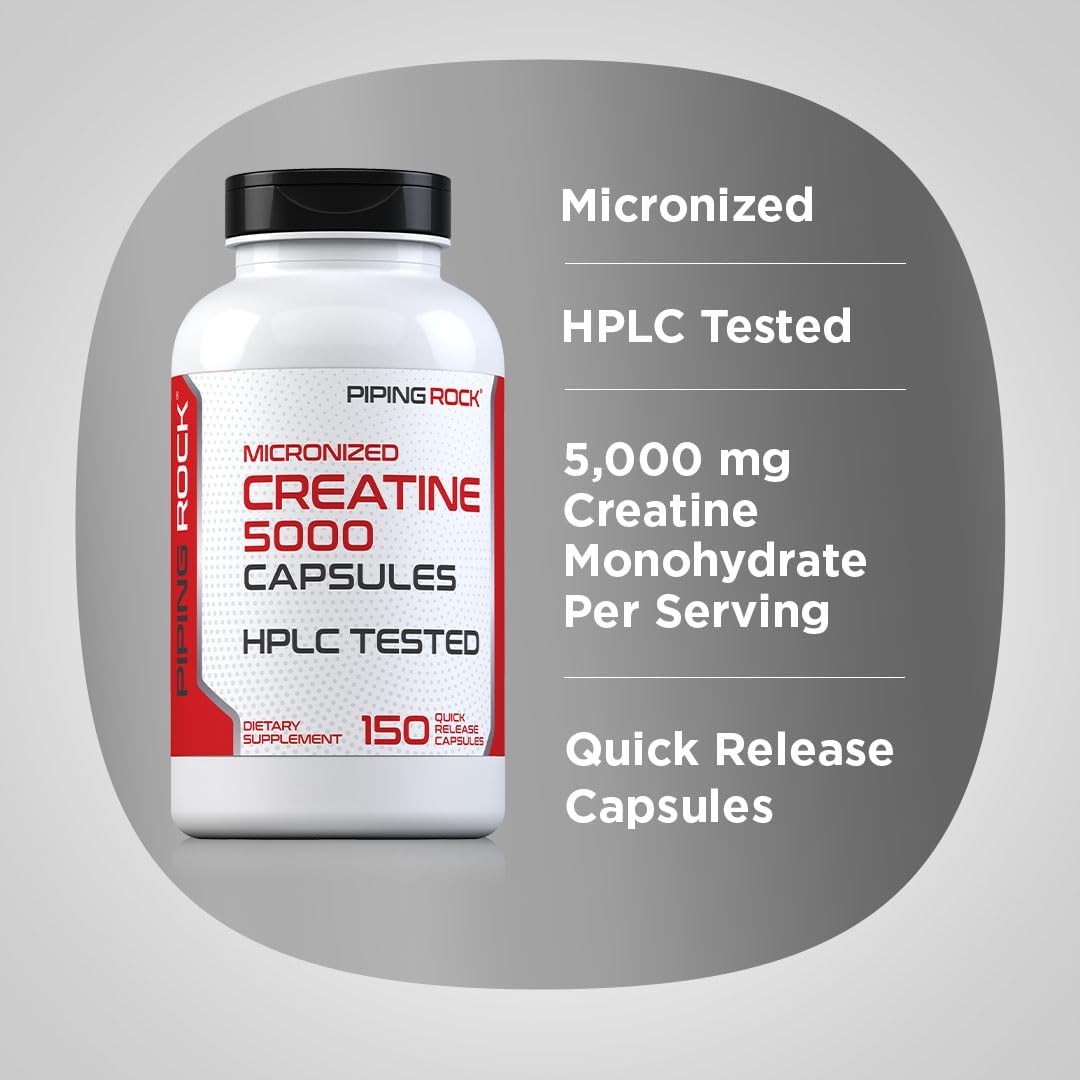5g Micronized Creatine Monohydrate Capsules | Non-GMO, Gluten Free Supplement by Piping Rock