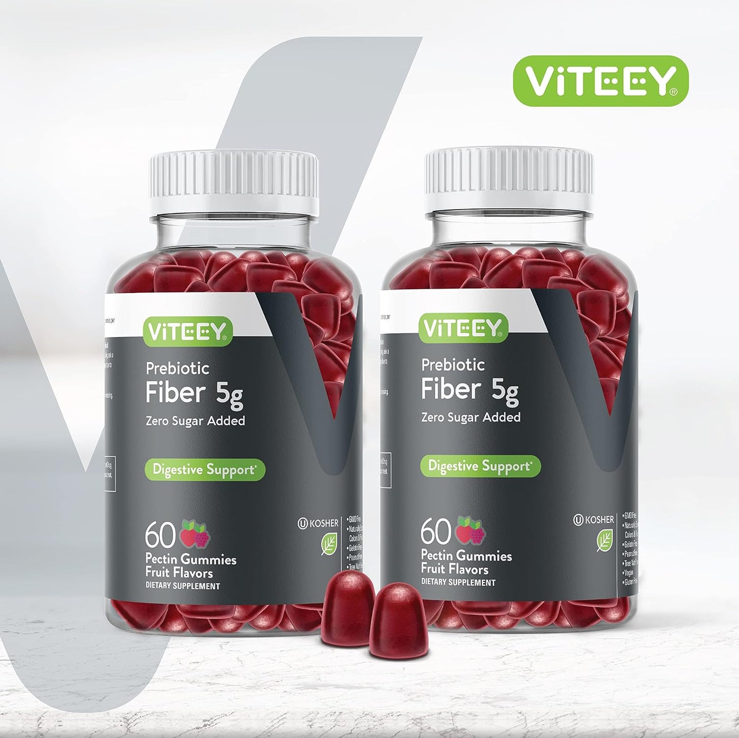 5g Viteey Prebiotic Fiber Gummies for Adults - Vegan & Gelatin Free - Chewable Fruit Flavored Gummy for Digestive Health & Weight Support