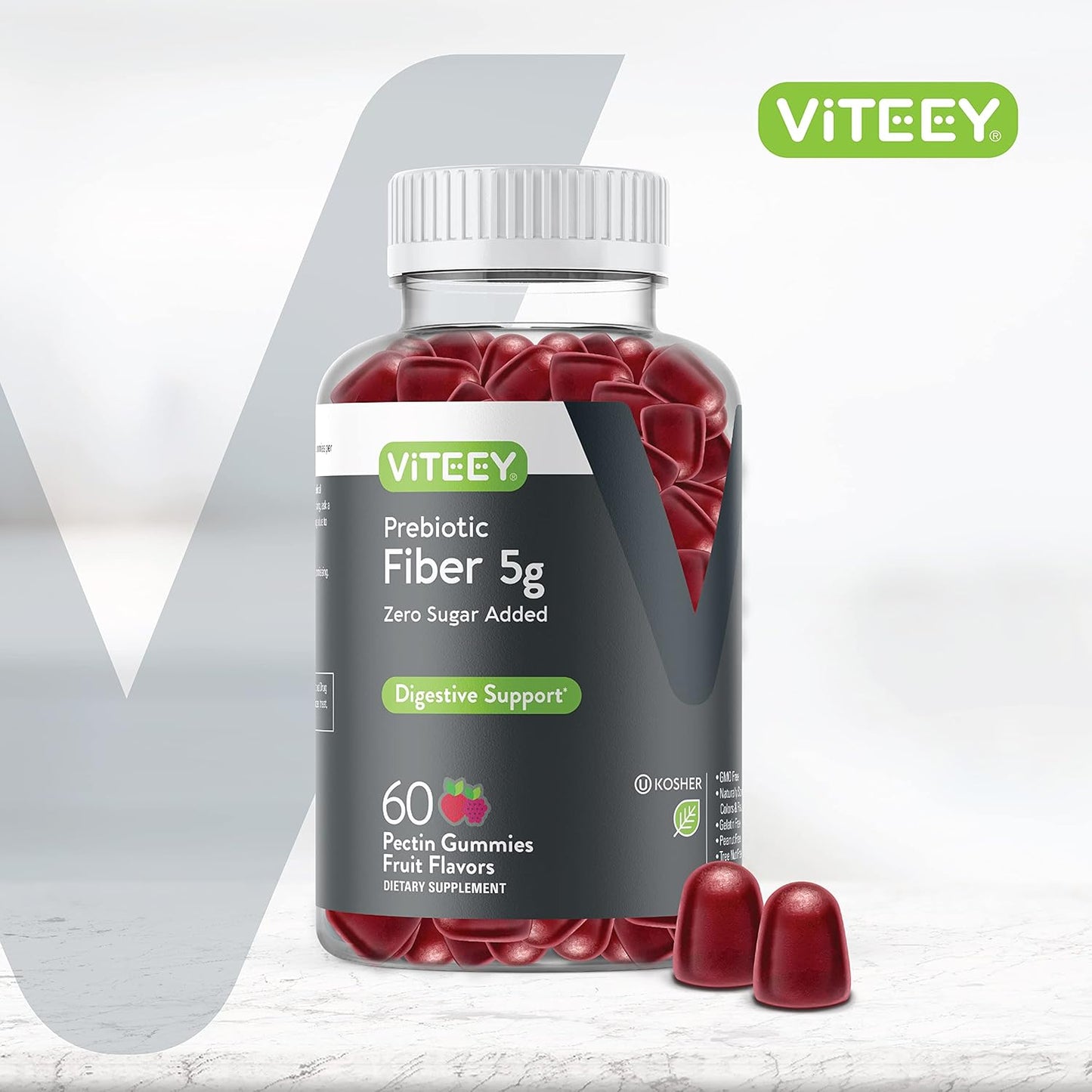 5g Viteey Prebiotic Fiber Gummies for Adults - Vegan & Gelatin Free - Chewable Fruit Flavored Gummy - Supports Digestive Health & Weight Management