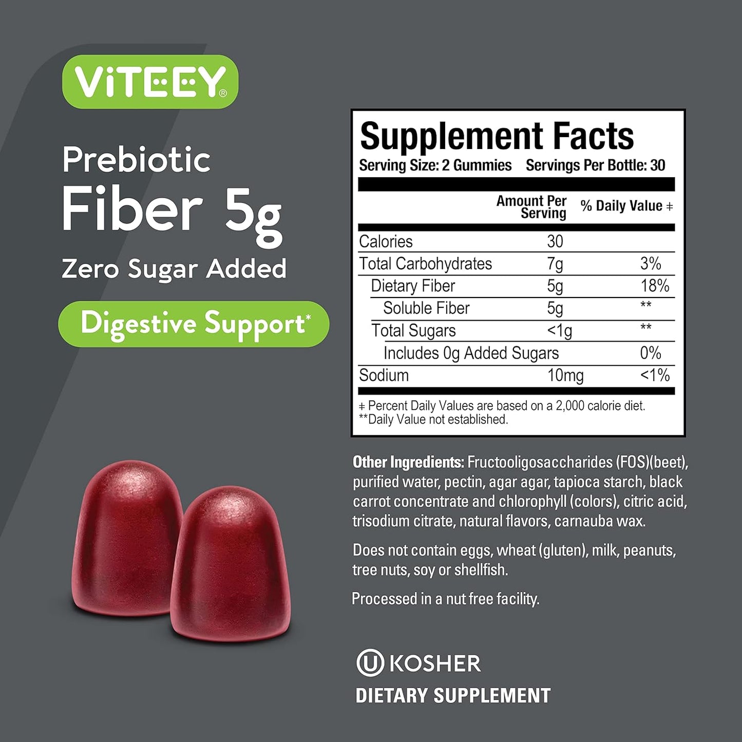 5g Viteey Prebiotic Fiber Gummies for Adults - Vegan & Gelatin Free - Chewable Fruit Flavored Gummy for Digestive Health & Weight Support