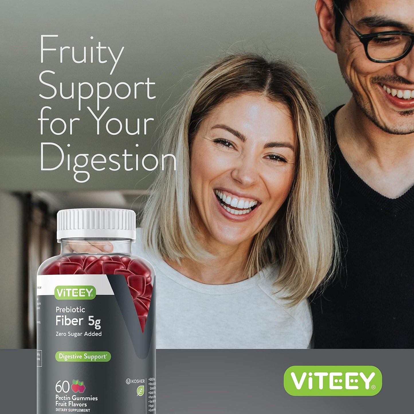 5g Viteey Prebiotic Fiber Gummies for Adults - Vegan & Gelatin Free - Chewable Fruit Flavored Gummy for Digestive Health & Weight Support