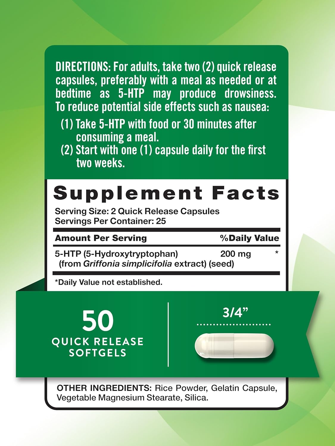 5HTP 200mg Capsules | 50 Count | Natural 5 Hydroxytryptophan Supplement | Non-GMO & Gluten Free