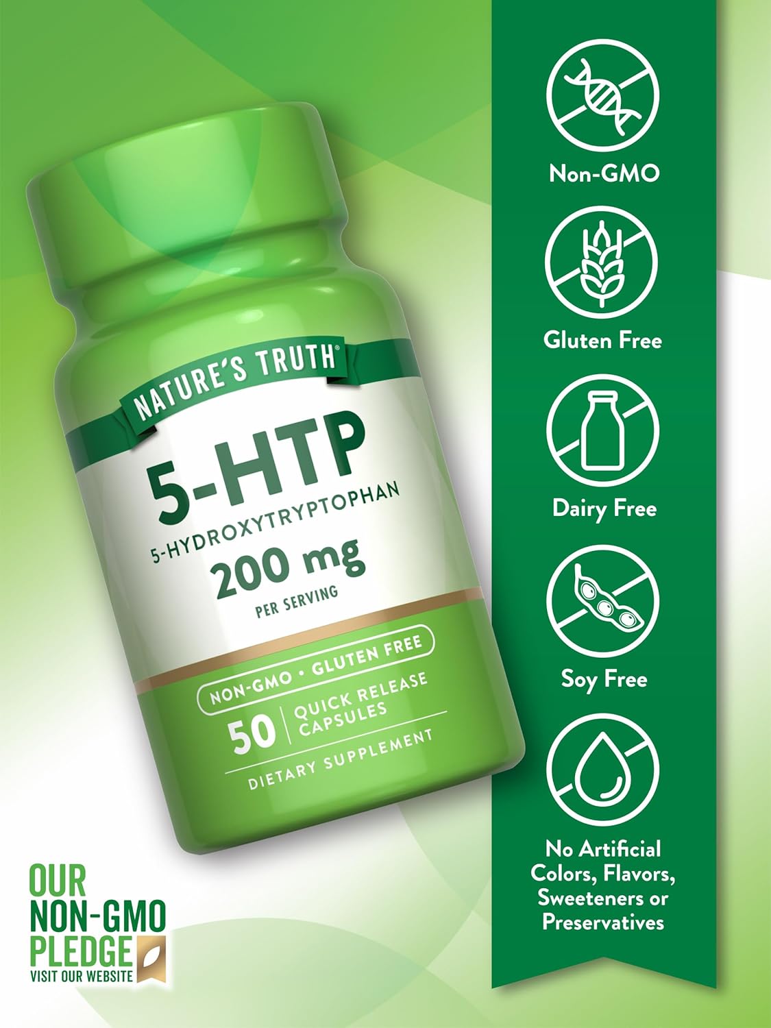 5HTP 200mg Capsules | 50 Count | Natural 5 Hydroxytryptophan Supplement | Non-GMO & Gluten Free