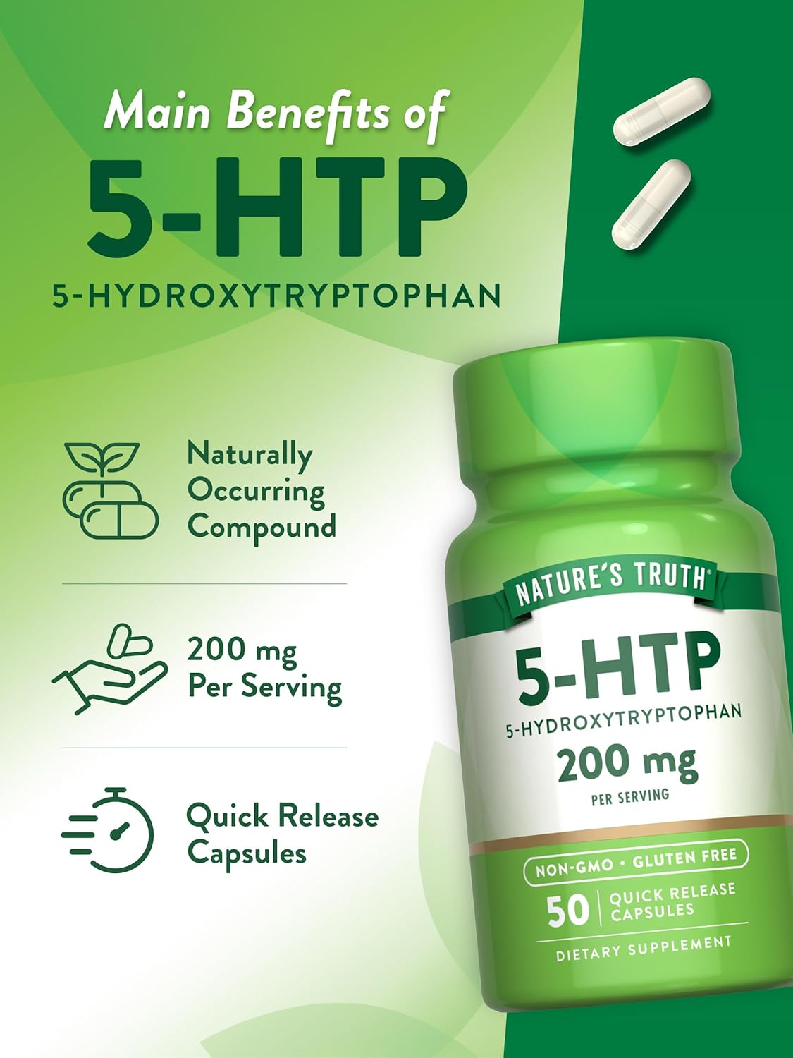 5HTP 200mg Capsules | 50 Count | Natural 5 Hydroxytryptophan Supplement | Non-GMO & Gluten Free