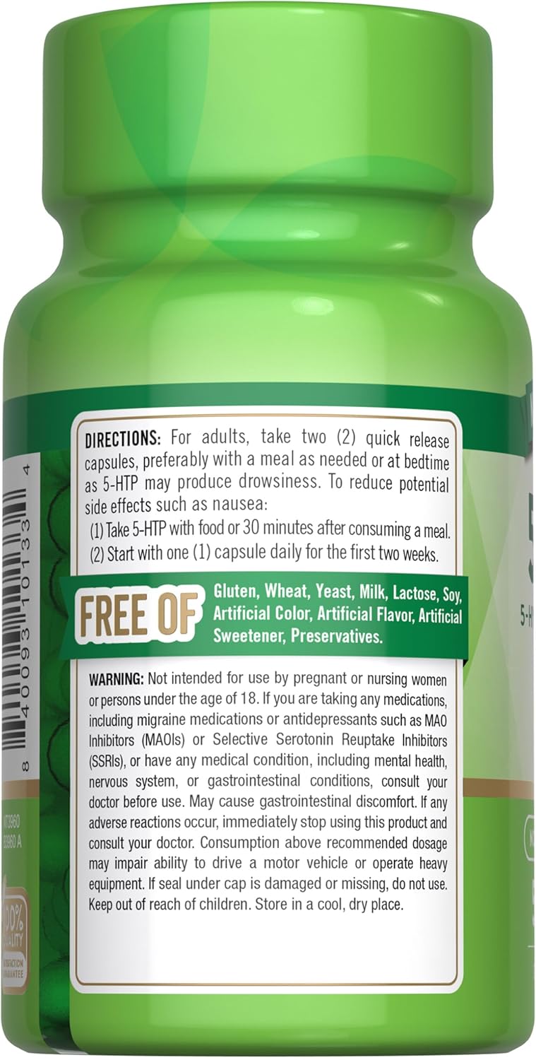 5HTP 200mg Capsules | 50 Count | Natural 5 Hydroxytryptophan Supplement | Non-GMO & Gluten Free