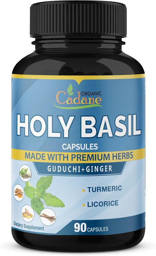 5in1 Organic Cadane Holy Basil Supplements Capsules with Guduchi, Ginger, Turmeric Curcumin, Licorice - 90 Capsules for Immune Support for 3 Months