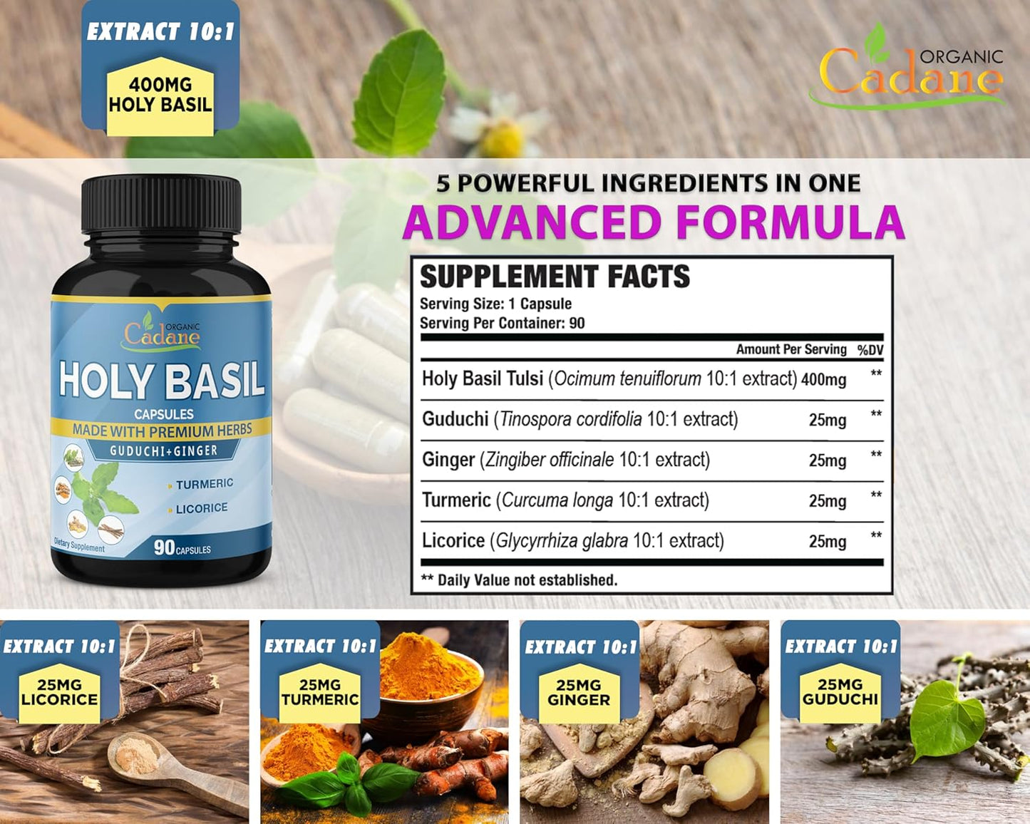 5in1 Organic Cadane Holy Basil Supplements Capsules with Guduchi, Ginger, Turmeric Curcumin, Licorice - 90 Capsules for Immune Support for 3 Months