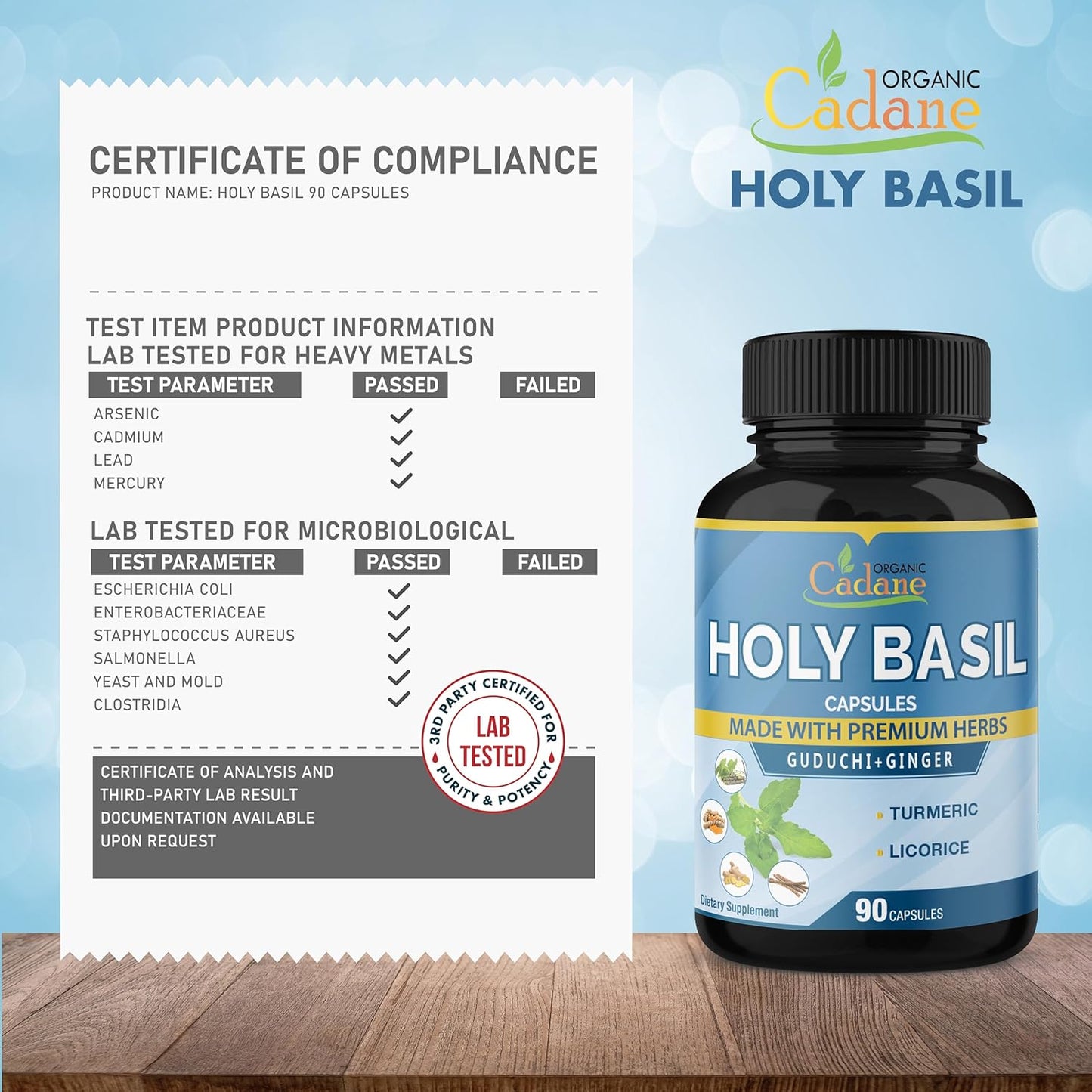 5in1 Organic Cadane Holy Basil Supplements Capsules with Guduchi, Ginger, Turmeric Curcumin, Licorice - 90 Capsules for Immune Support for 3 Months