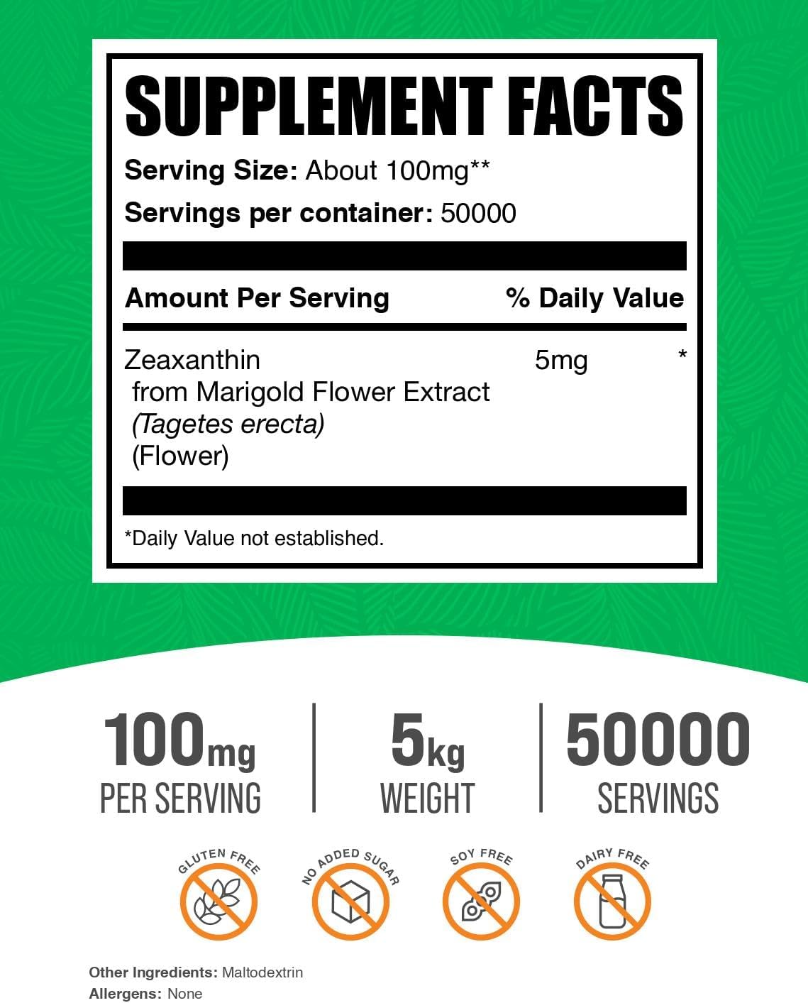 5kg Bulk Zeaxanthin Powder Supplement - Marigold Flower Extract, Gluten Free, 100mg per Serving, Pack of 5 - 5mg Zeaxanthin