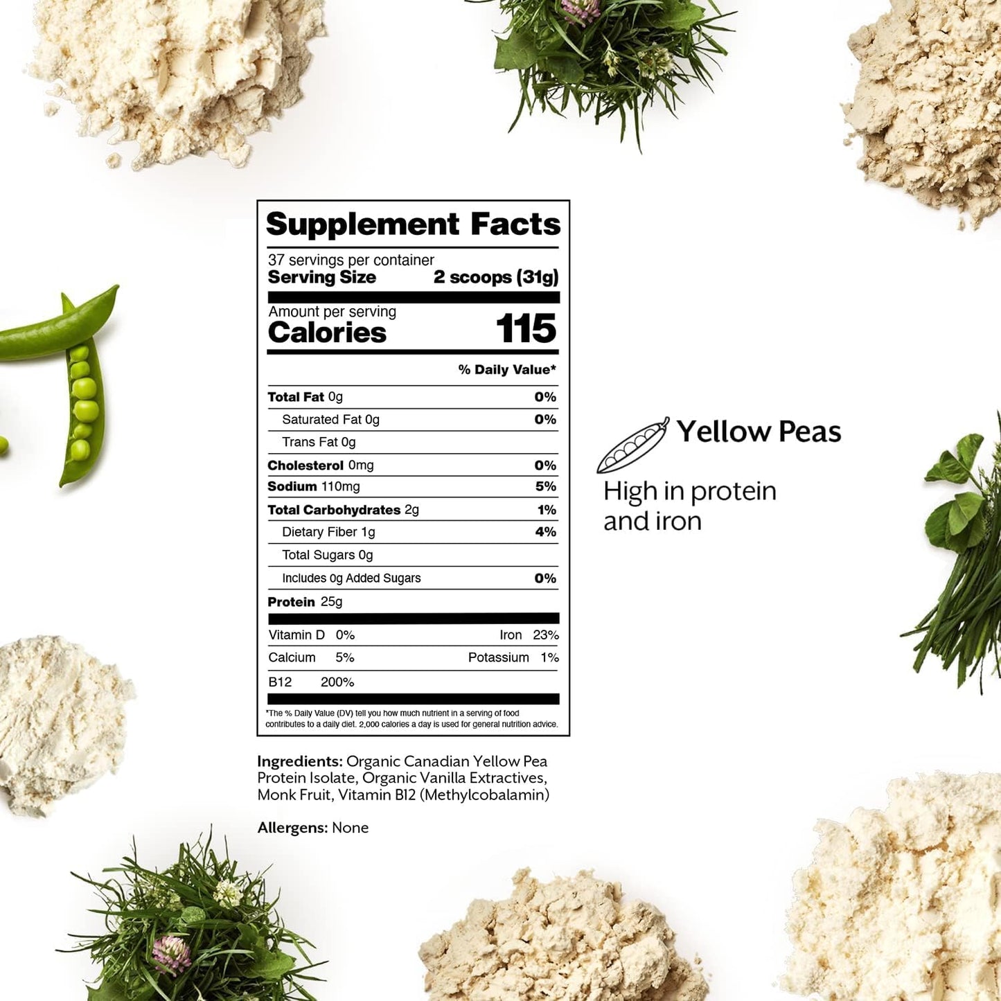 5lb Bulk Vegan Protein Powder with 25g Plant Based Yellow Pea Protein, Vitamin B12, and BCAAs in Vanilla Flavor