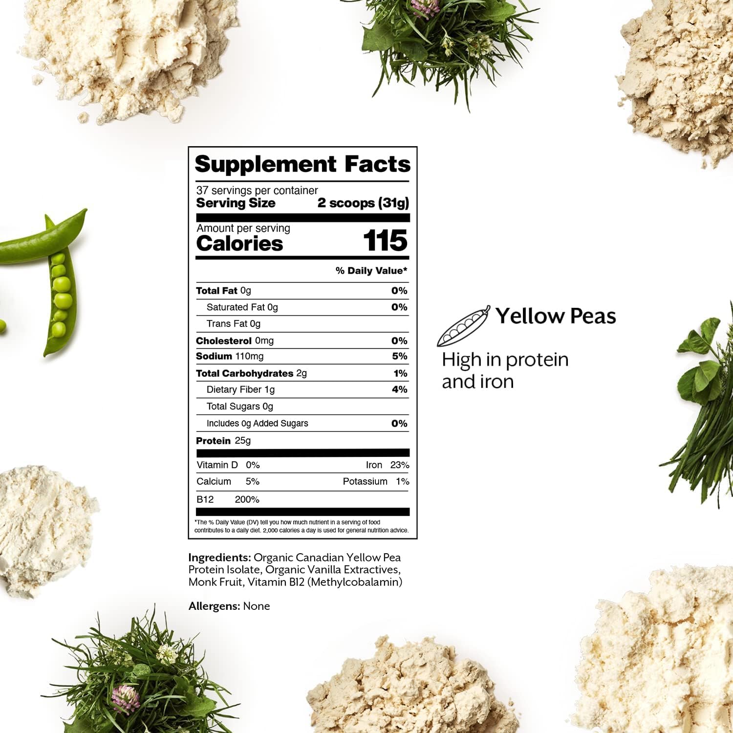 5lb Bulk Vegan Protein Powder with 25g Plant Based Yellow Pea Protein, Vitamin B12, and BCAAs in Vanilla Flavor