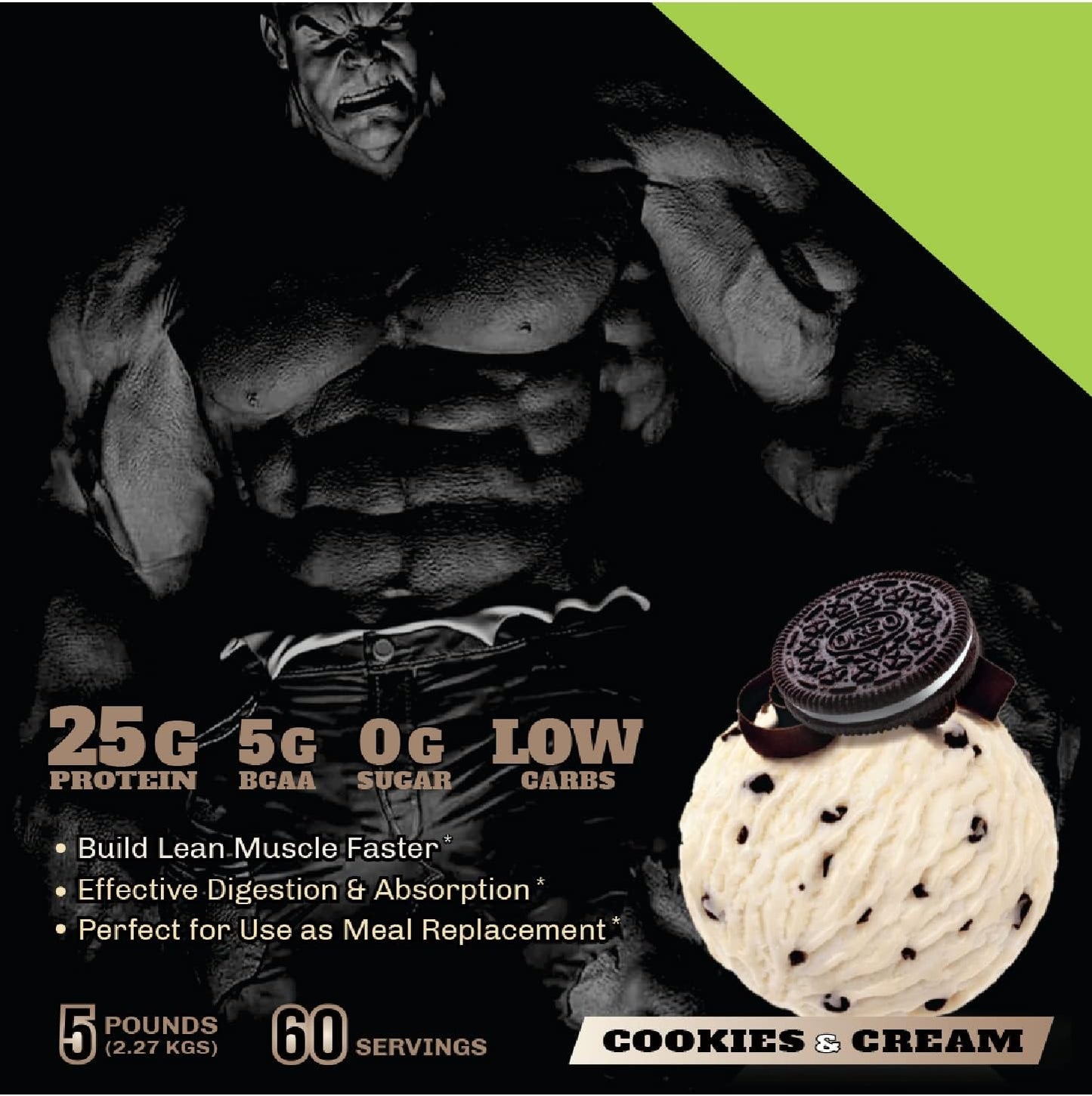 5LB Cookie & Cream Whey Protein Isolate Powder from THE HULK LAB - Non-GMO Protein with Free Sampler on First Order