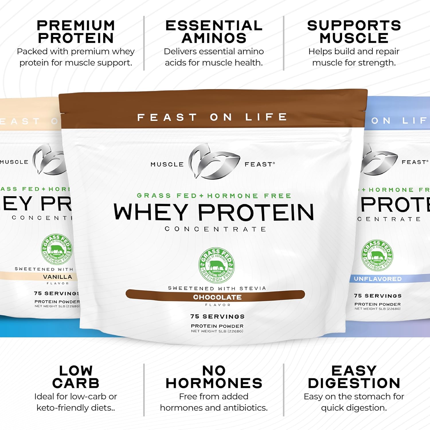 5lb Muscle Feast Grass-Fed Vanilla Whey Protein Concentrate Powder - All Natural, Hormone Free, Pasture Raised