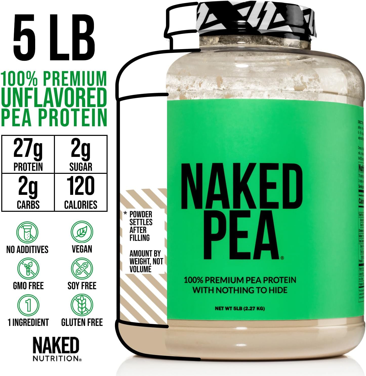 5LB Naked Pea Protein Powder - 100% Vegan Pea Protein Isolate from North American Farms - Unflavored Plant Protein Powder - Easy to Digest - 76 Servings