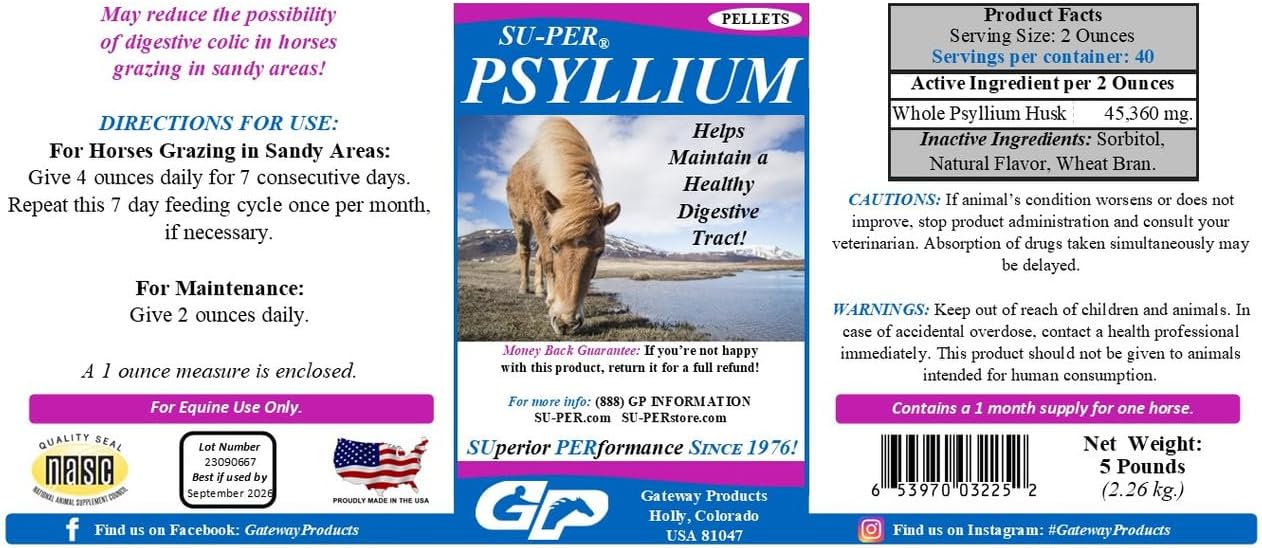 5lb SU-PER Psyllium Pellets Horse Digestive Tract Supplement - Supports Sand & Dirt Removal - 1 Month Supply