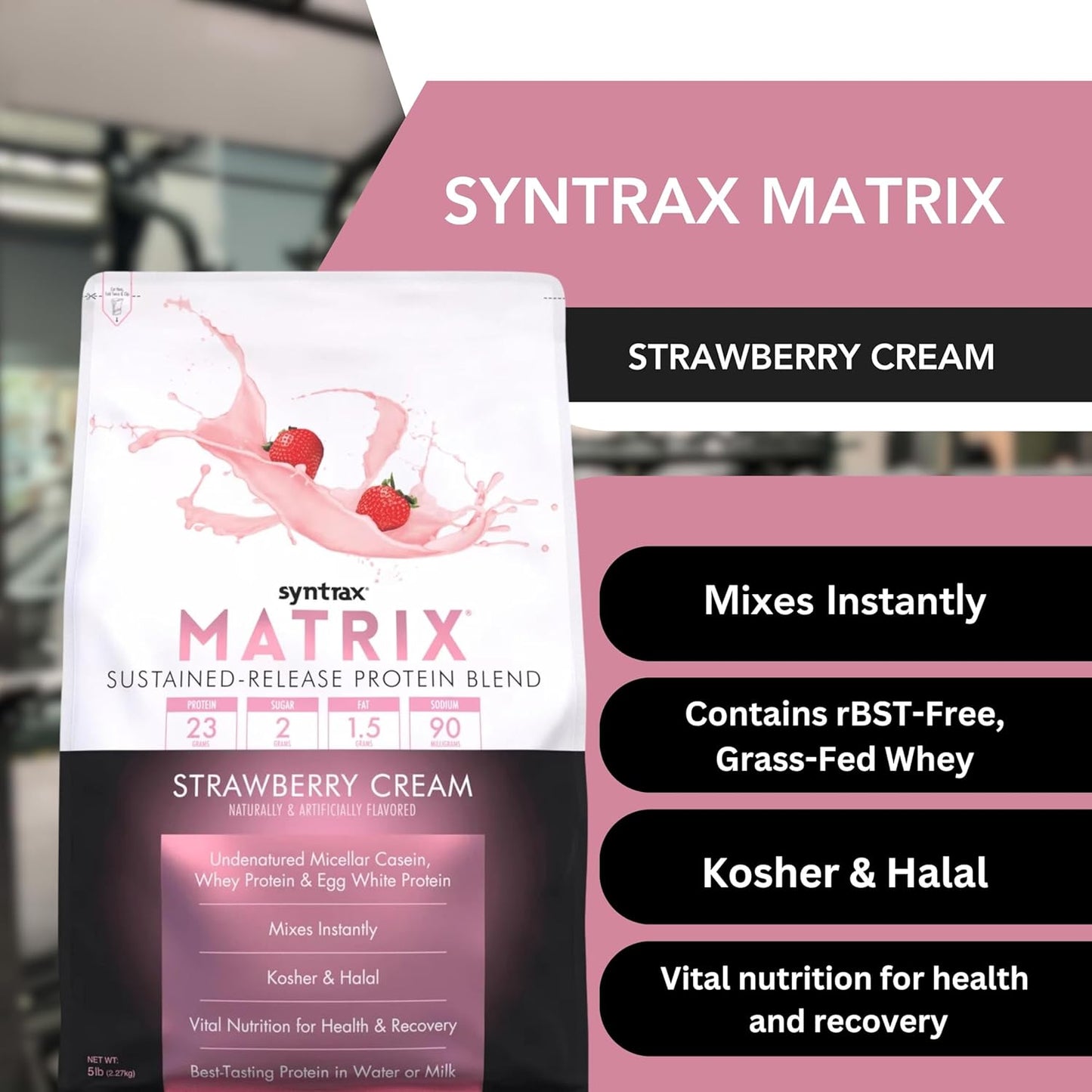 5lb Syntrax Matrix Protein Powder Bundle: Sustained-Release Casein & Whey Protein - Instant Mix Strawberry Cream Flavor with Nutrition Keychain