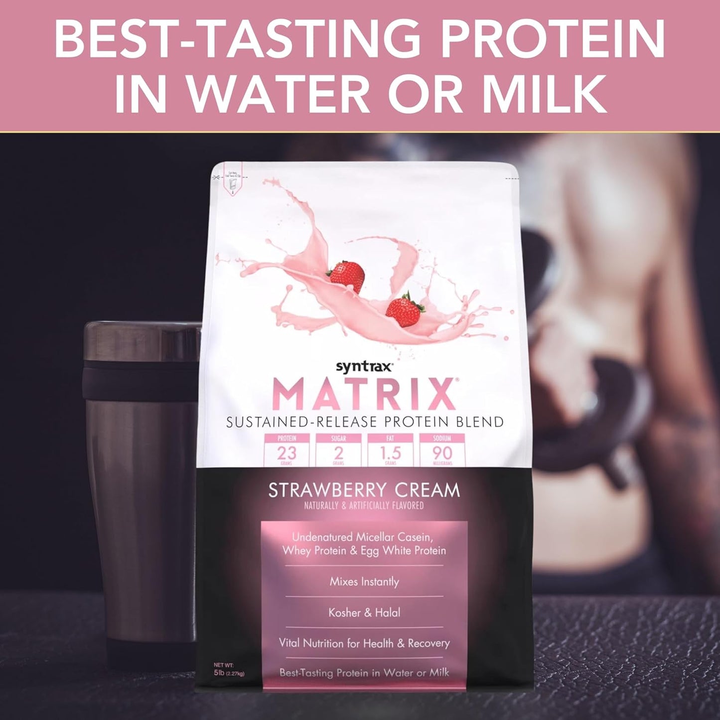 5lb Syntrax Matrix Protein Powder Bundle: Sustained-Release Casein & Whey Protein - Instant Mix Strawberry Cream Flavor with Nutrition Keychain