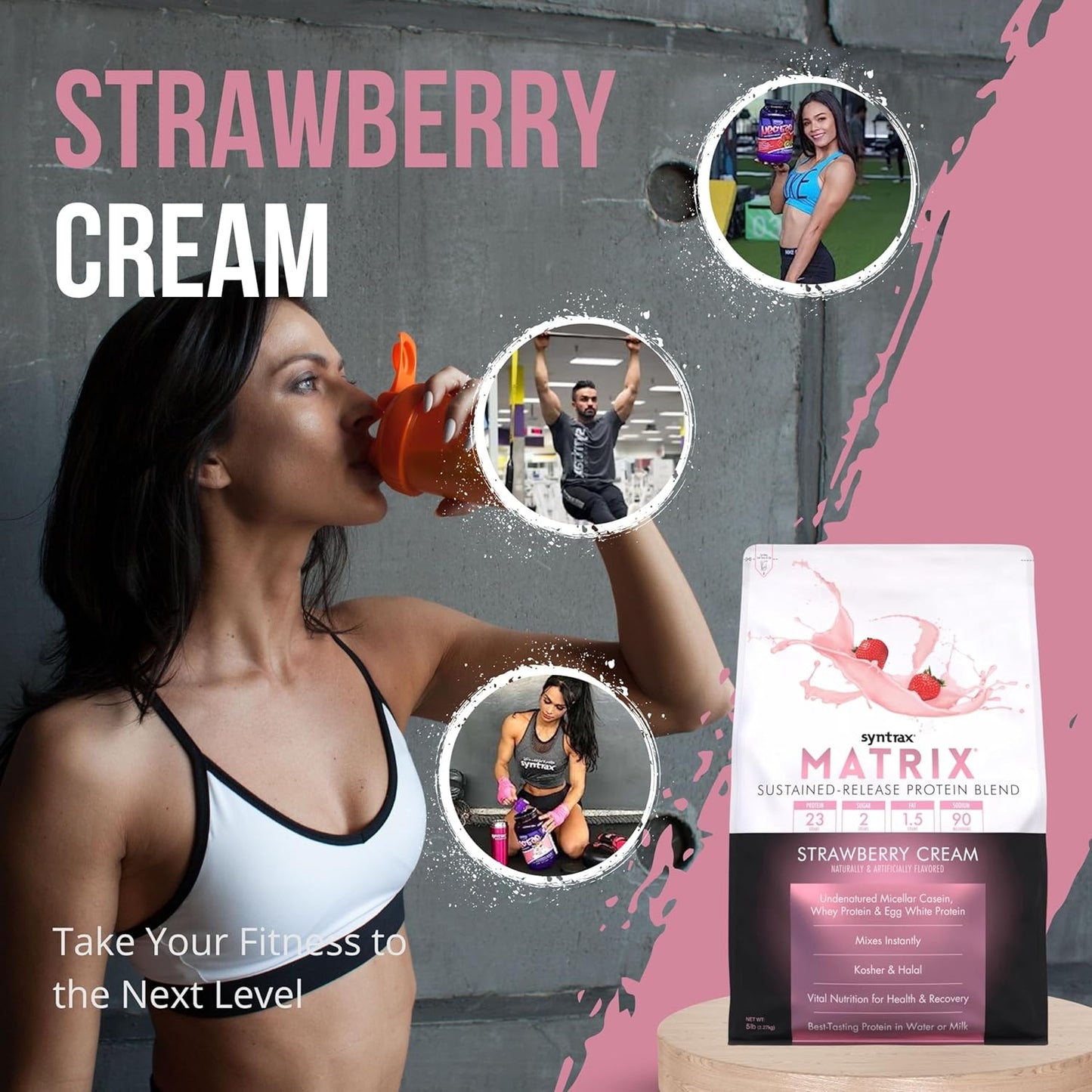 5lb Syntrax Matrix Protein Powder Bundle: Sustained-Release Casein & Whey Protein - Instant Mix Strawberry Cream Flavor with Nutrition Keychain