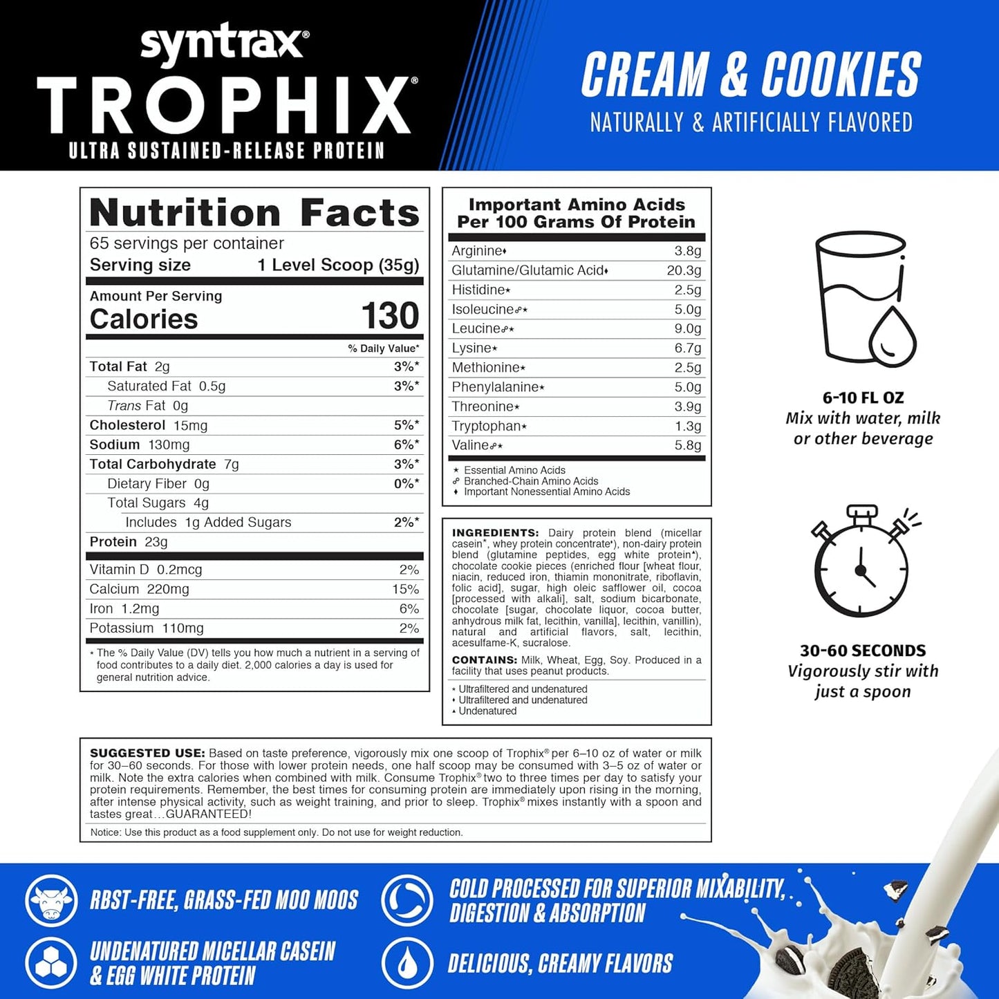 5lb Syntrax Trophix Protein Powder with Real Cookie Pieces, Ultra Sustained-Release Protein Blend - Cream & Cookies Flavor