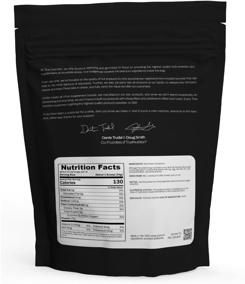 5LB Unflavored Rice Protein Concentrate - Cold Water Microfiltration, Gluten, Soy, Dairy Free - Non-GMO Powder by True Nutrition