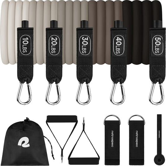 5pc Retrospec Train Resistance Bands Set with Handles, Door Anchor, Carry Bag - Ideal for Women and Men Workouts