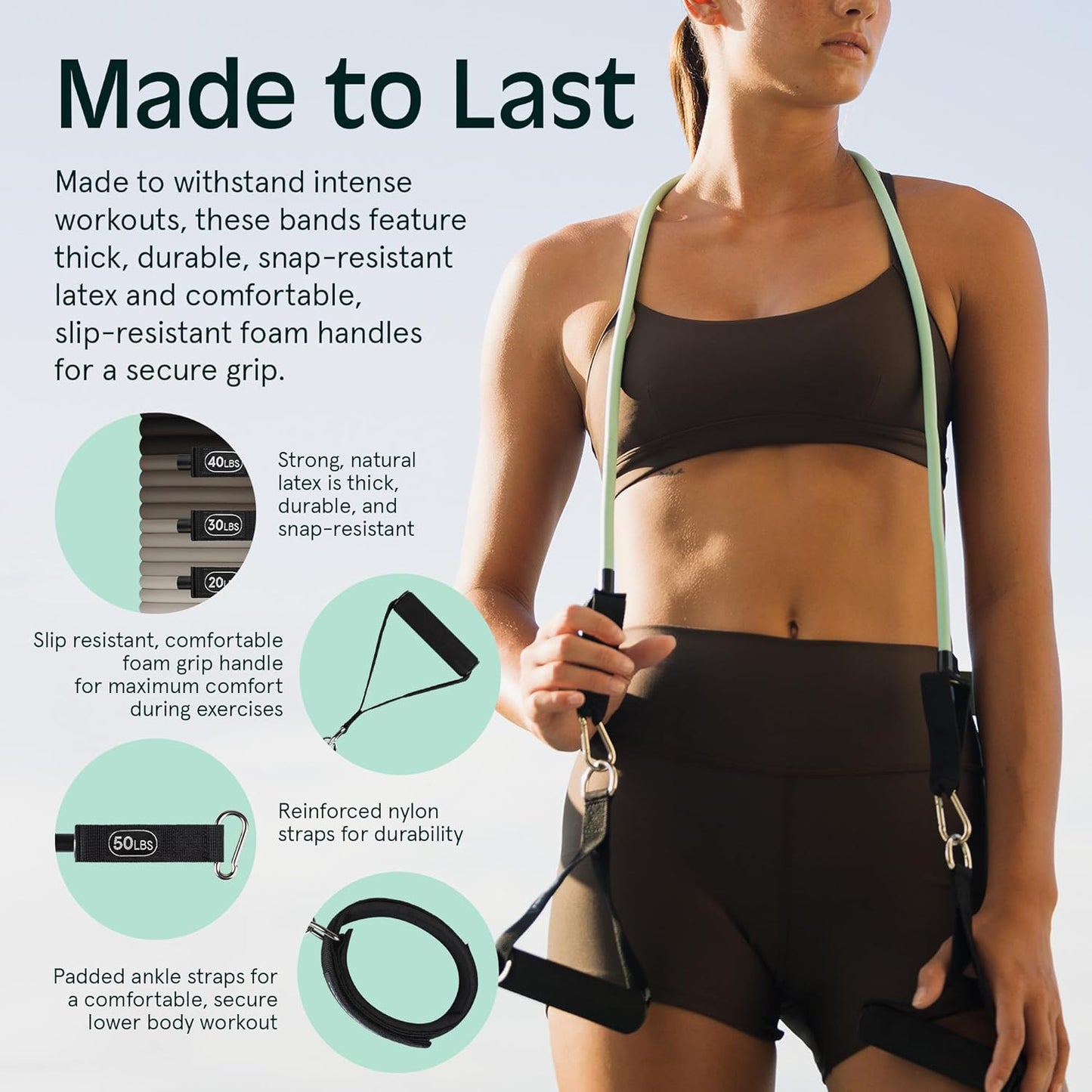 5pc Retrospec Train Resistance Bands Set with Handles, Door Anchor, Carry Bag - Ideal for Women and Men Workouts