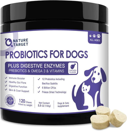 6 Billion CFUs Freeze Dried Dog Probiotics with Prebiotics, Digestive Enzymes, Vitamins, Omega 3 for Gut, Skin, & Immune Health, Itch Relief, Reduce Diarrhea & Gas