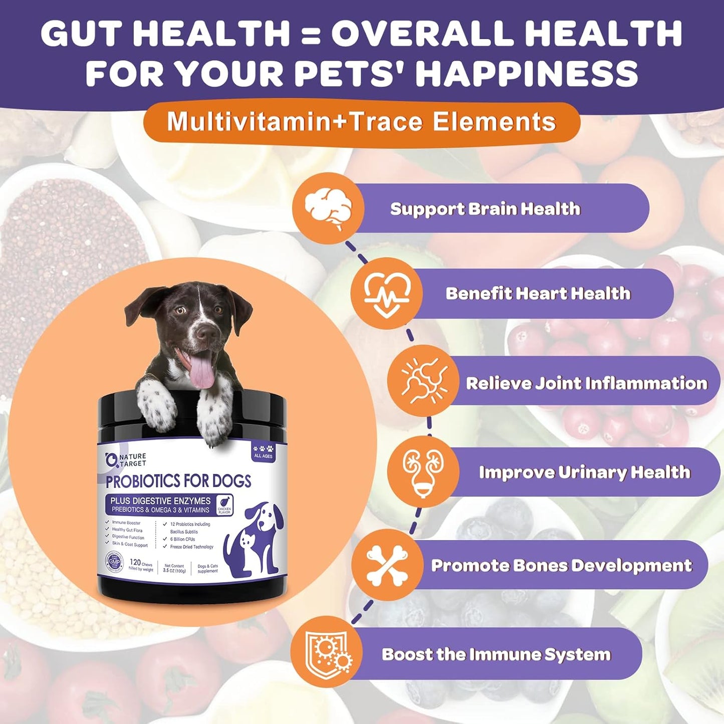 6 Billion CFUs Freeze Dried Dog Probiotics with Prebiotics, Digestive Enzymes, Vitamins, Omega 3 for Gut, Skin, & Immune Health, Itch Relief, Reduce Diarrhea & Gas