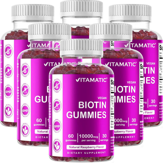 6 Bottles of Vitamatic Biotin Gummies 10,000 mcg for Hair, Skin & Nails - 60 Vegan Gummies - Vitamin B7 Supplement