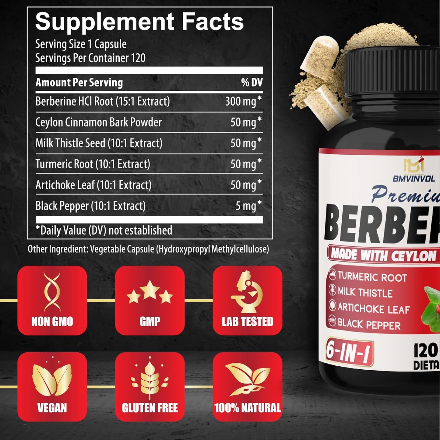 6-in-1 Berberine Supplement with Ceylon Cinnamon, Turmeric Root, Milk Thistle, Artichoke, Black Pepper - 120 Capsules, 4-Month Supply