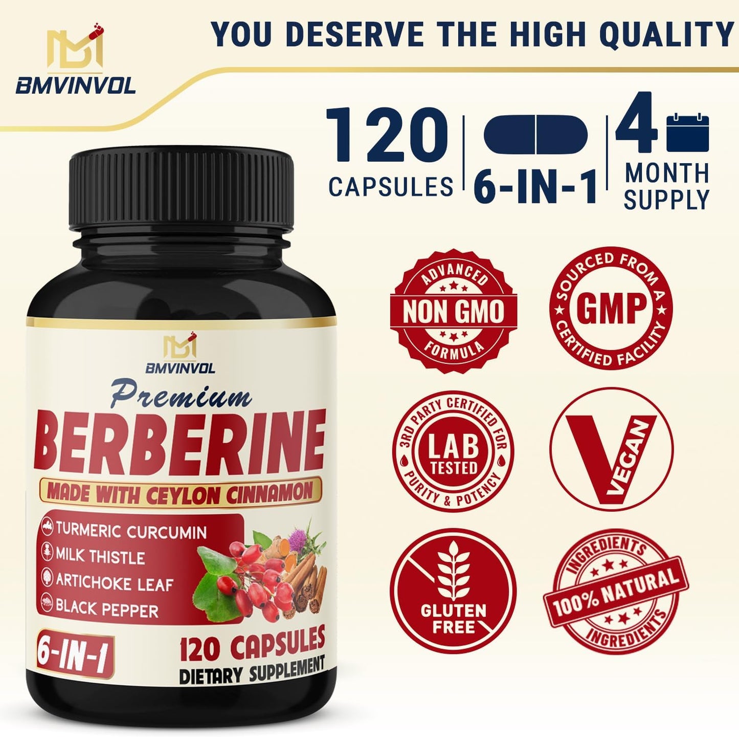 6-in-1 Berberine Supplement with Ceylon Cinnamon, Turmeric Root, Milk Thistle, Artichoke, Black Pepper - 120 Capsules, 4-Month Supply