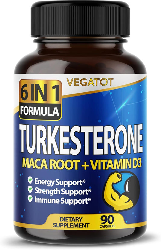 6-in-1 High-Strength Vegatot Turkesterone Supplement with Maca Root, Fenugreek, Tribulus - Boost Energy and Stamina - 3 Month Supply - 60 Capsules