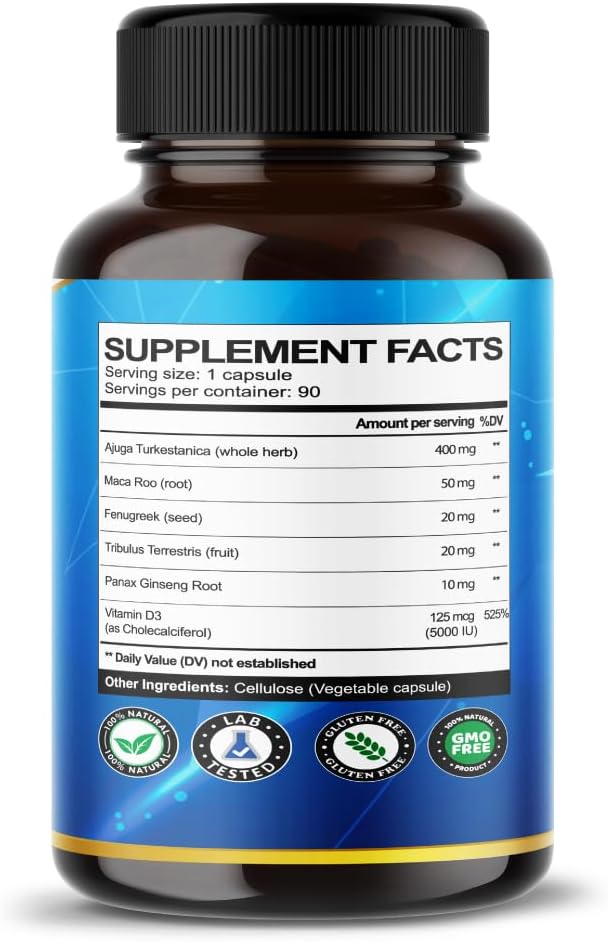 6-in-1 High-Strength Vegatot Turkesterone Supplement with Maca Root, Fenugreek, Tribulus - Boost Energy and Stamina - 3 Month Supply - 60 Capsules