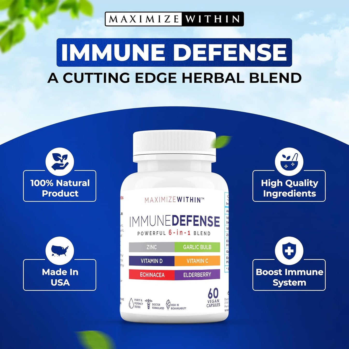 6-in-1 Immune Defense Supplement with Zinc, Vitamin C, Elderberry, Vitamin D, Echinacea, & Garlic - 60 Count