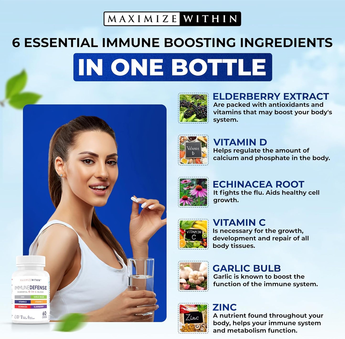 6-in-1 Immune Defense Supplement with Zinc, Vitamin C, Elderberry, Vitamin D, Echinacea, & Garlic - 60 Count