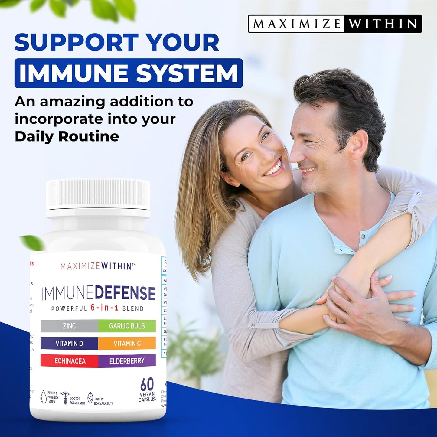 6-in-1 Immune Defense Supplement with Zinc, Vitamin C, Elderberry, Vitamin D, Echinacea, & Garlic - 60 Count
