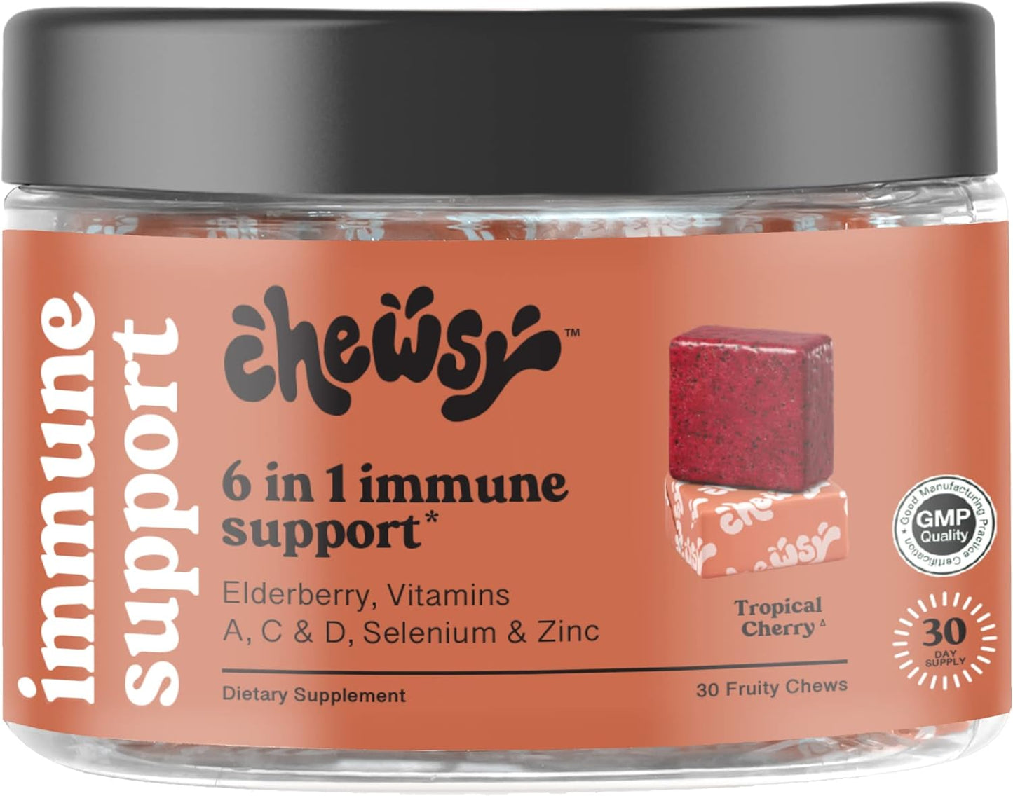 6-in-1 Immune Support Fruity Chews with Elderberry, Vitamin C, A & D, Zinc & Selenium - 30-Day Supply for Adults and Kids