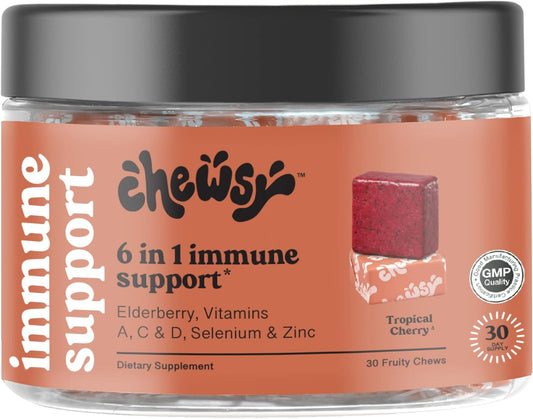 6-in-1 Immune Support Fruity Chews with Elderberry, Vitamin C, A & D, Zinc & Selenium - 30-Day Supply for Adults and Kids