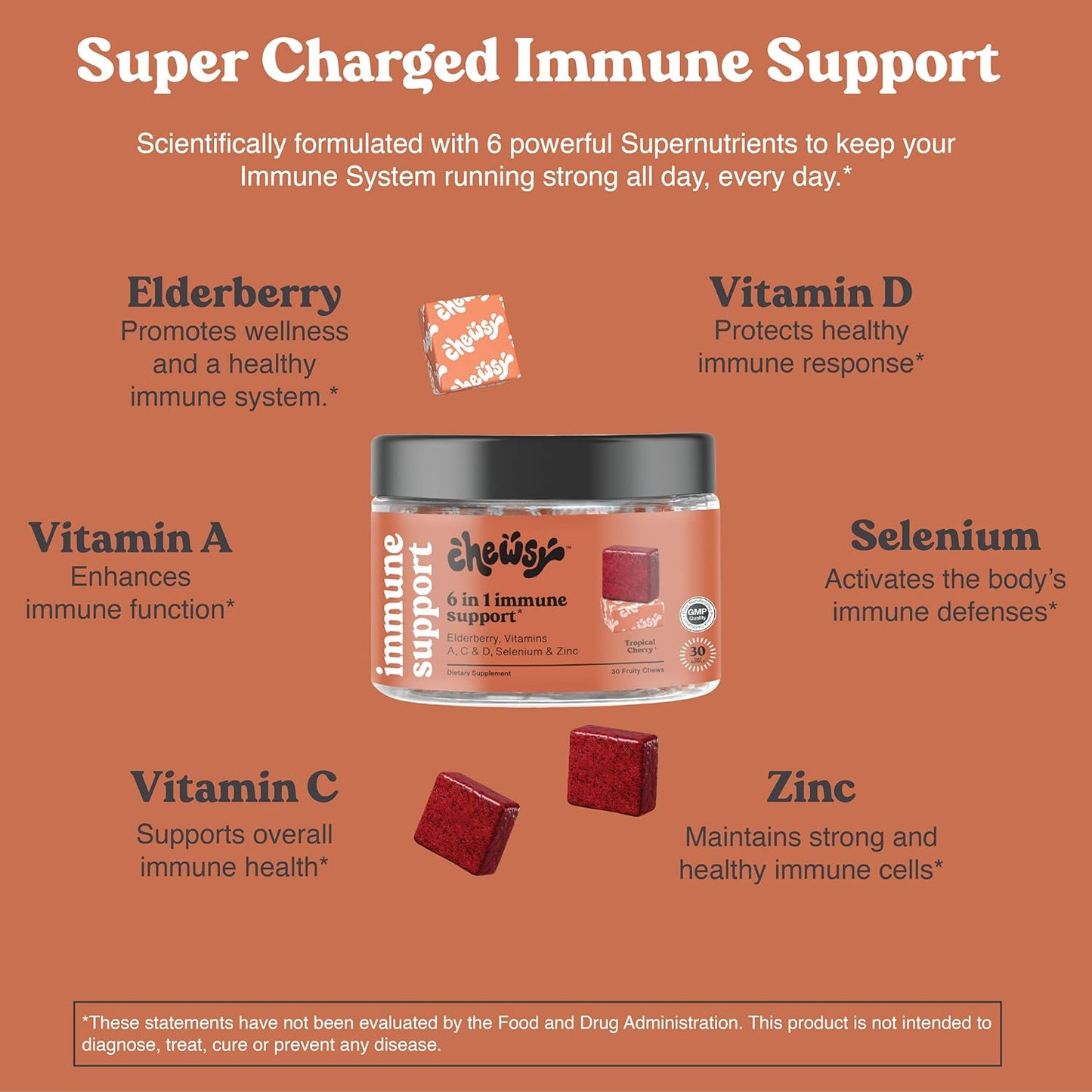 6-in-1 Immune Support Fruity Chews with Elderberry, Vitamin C, A & D, Zinc & Selenium - 30-Day Supply for Adults and Kids