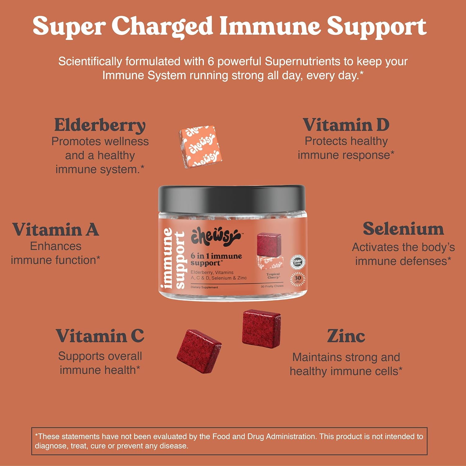 6-in-1 Immune Support Fruity Chews with Elderberry, Vitamin C, A & D, Zinc & Selenium - 30-Day Supply for Adults and Kids
